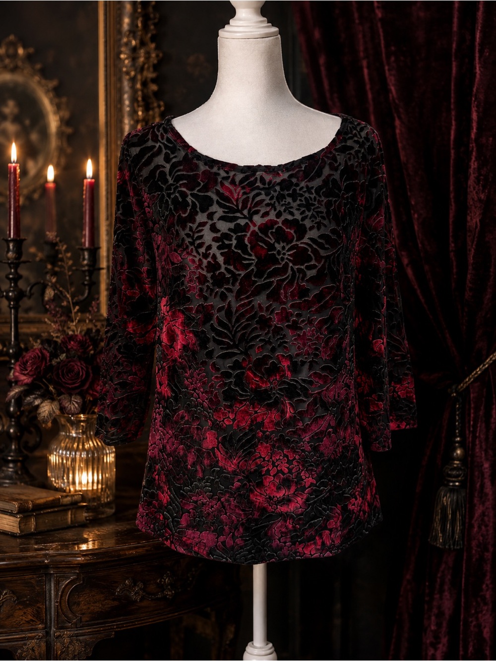 Roz & Ali Velvet Burnout Floral Scoop Neck Tunic - Red & Black